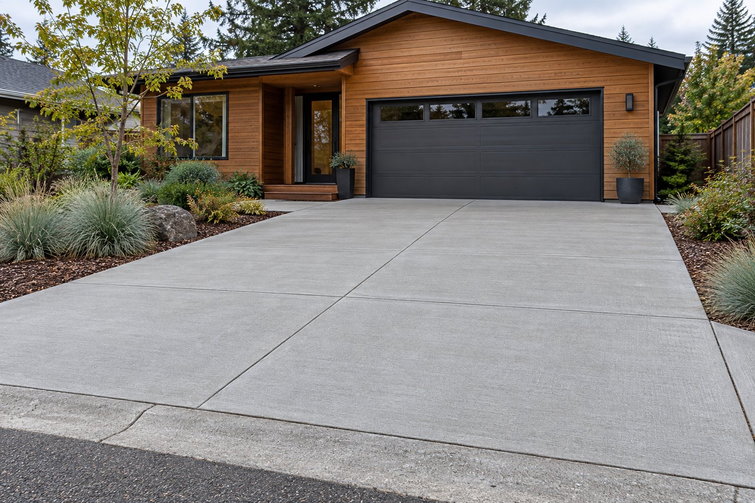 AI concept of a concrete driveway in front of a cedar-sided home
